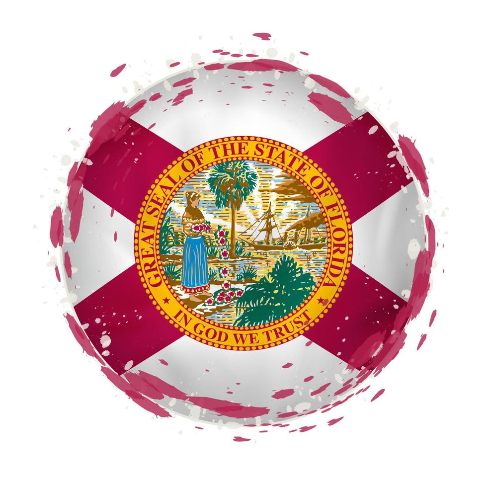 Round grunge flag of Florida US state with splashes in flag color. vector