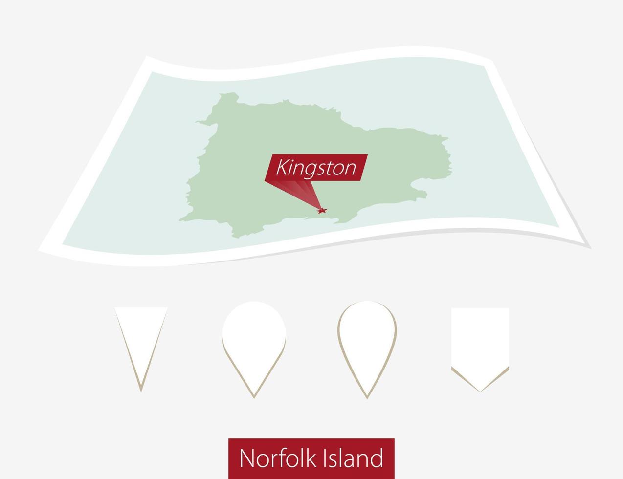 Curved paper map of Norfolk Island with capital Kingston on Gray Background. Four different Map pin set. vector