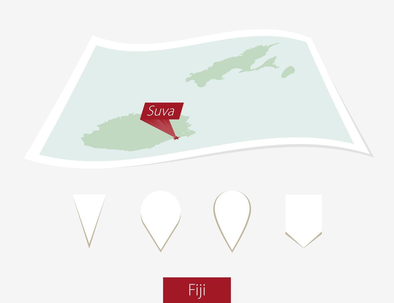 Curved paper map of Fiji with capital Suva on Gray Background. Four different Map pin set. vector