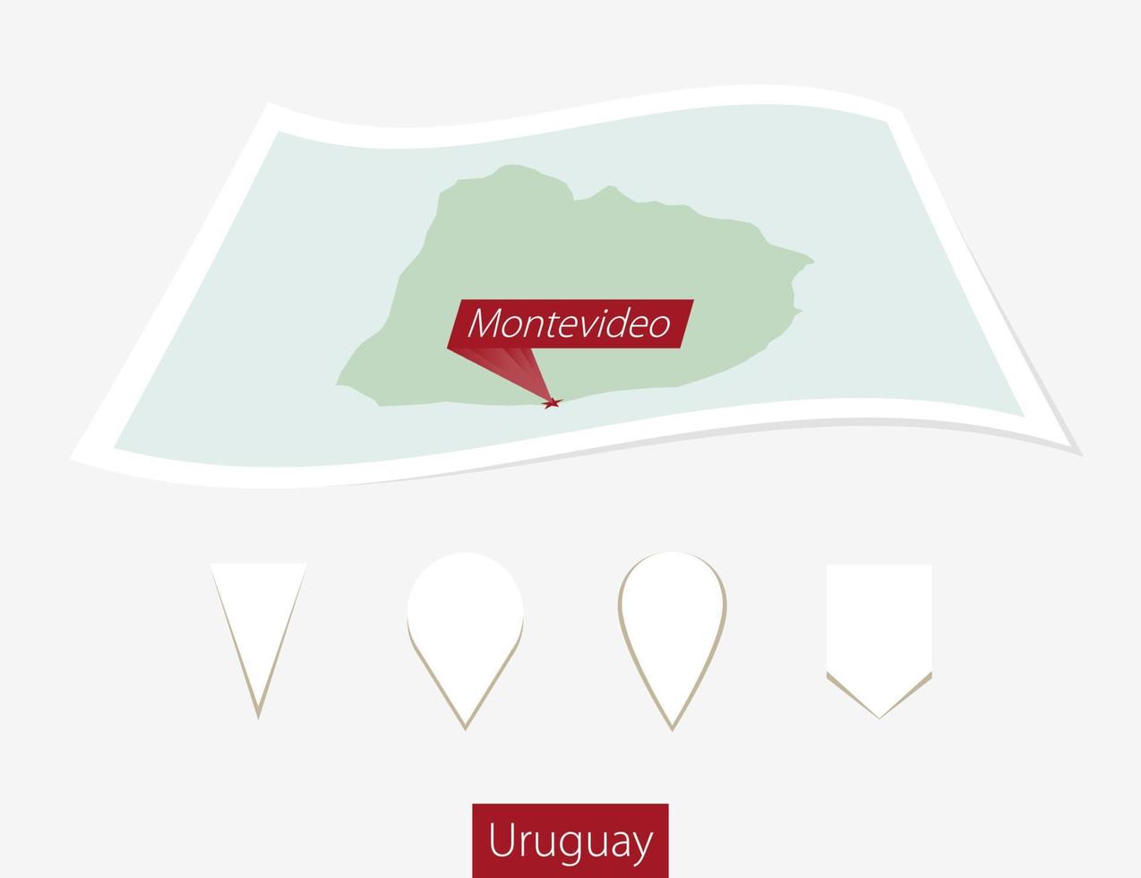 Curved paper map of Uruguay with capital Montevideo on Gray Background. Four different Map pin set. vector