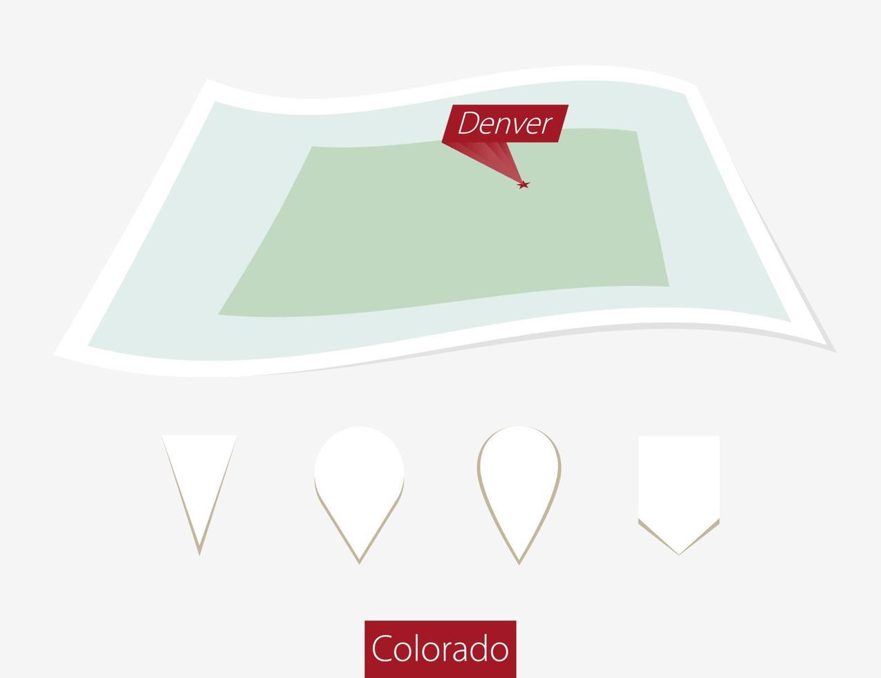 Curved paper map of Colorado state with capital Denver on Gray Background. Four different Map pin set. vector