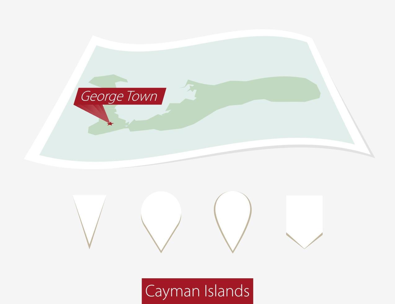 Curved paper map of Cayman Islands with capital George Town on Gray Background. Four different Map pin set. vector
