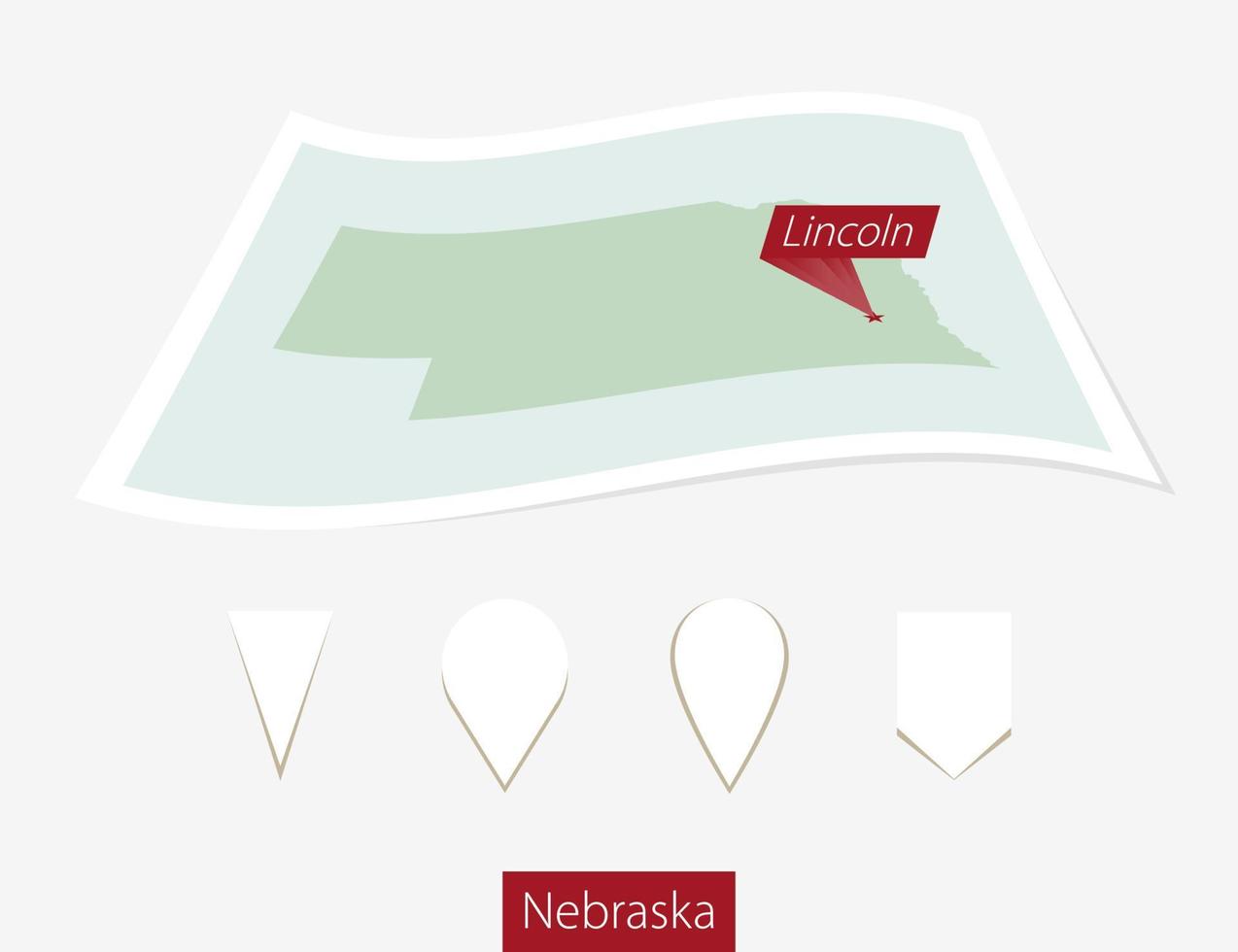 Curved paper map of Nebraska state with capital Lincoln on Gray Background. Four different Map pin set. vector