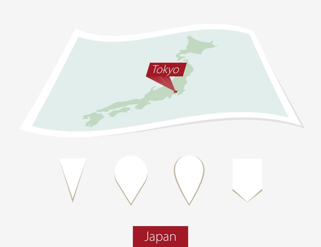 curvo papel mapa de Japón con capital tokio en gris antecedentes. cuatro diferente mapa alfiler colocar. vector