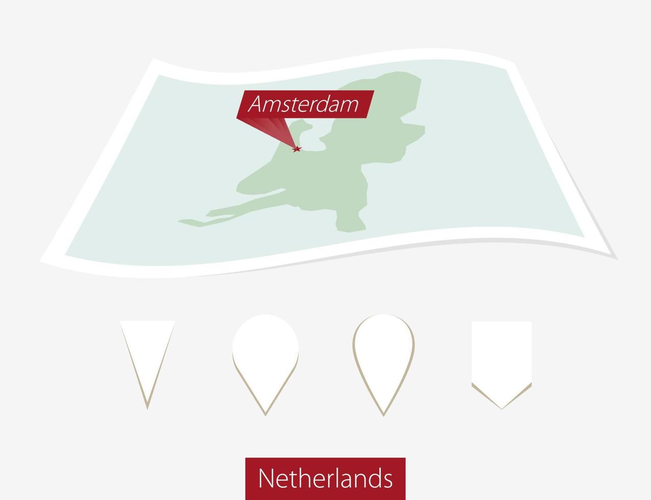 Curved paper map of Netherlands with capital Amsterdam on Gray Background. Four different Map pin set. vector