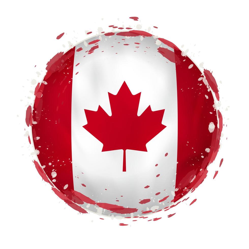 Round grunge flag of Canada with splashes in flag color. vector