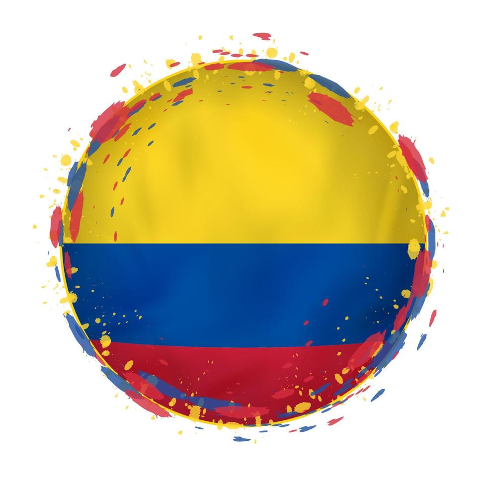 Round grunge flag of Colombia with splashes in flag color. vector