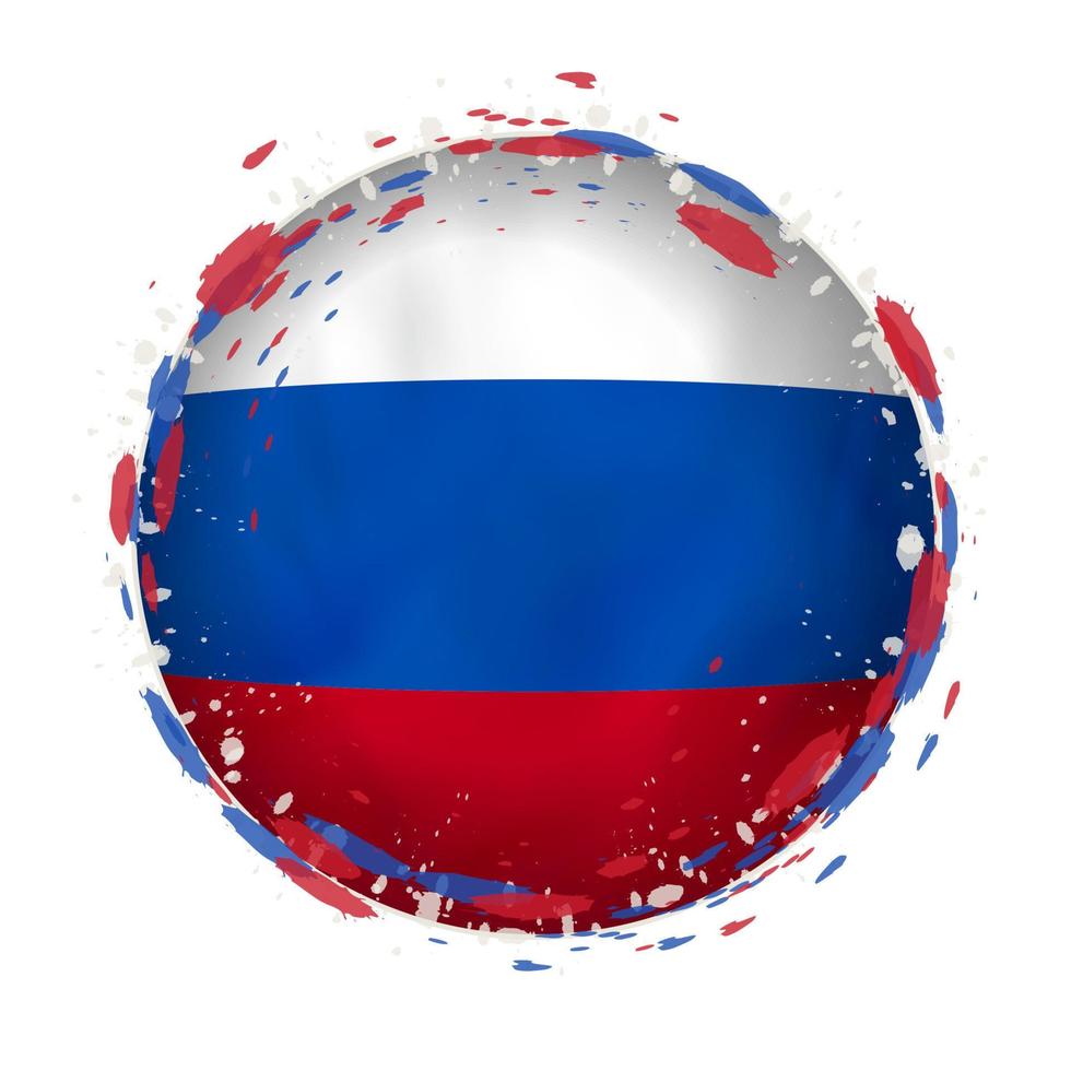 Round grunge flag of Russia with splashes in flag color. vector