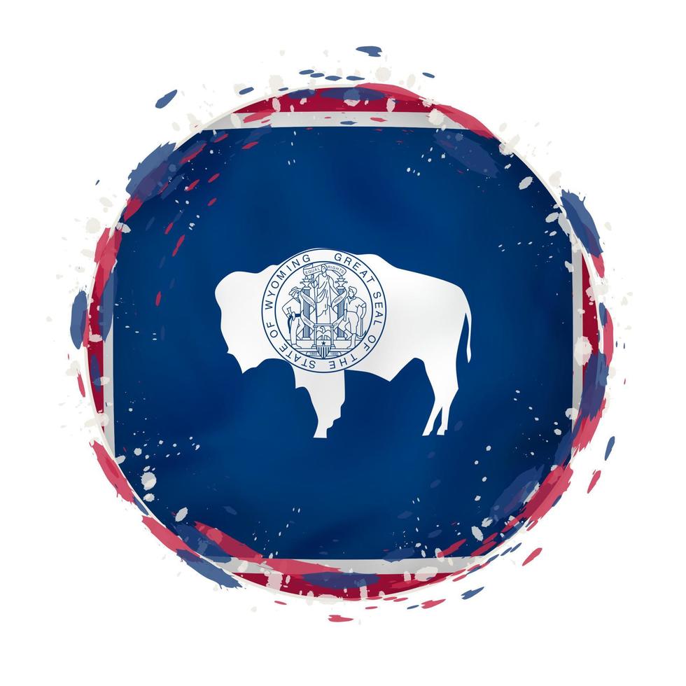 Round grunge flag of Wyoming US state with splashes in flag color. vector