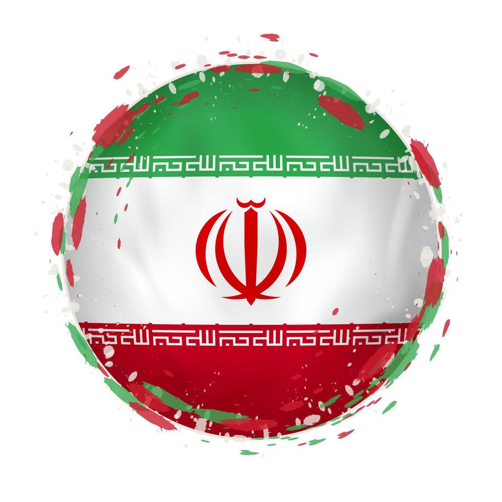 Round grunge flag of Iran with splashes in flag color. vector