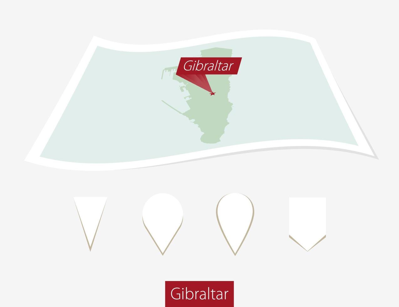 Curved paper map of Gibraltar with capital on Gray Background. Four different Map pin set. vector