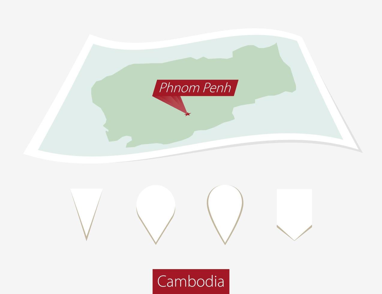 Curved paper map of Cambodia with capital Phnom Penh on Gray Background. Four different Map pin set. vector