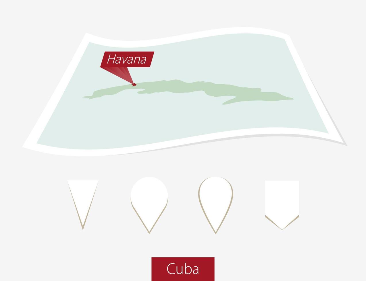Curved paper map of Cuba with capital Havana on Gray Background. Four different Map pin set. vector
