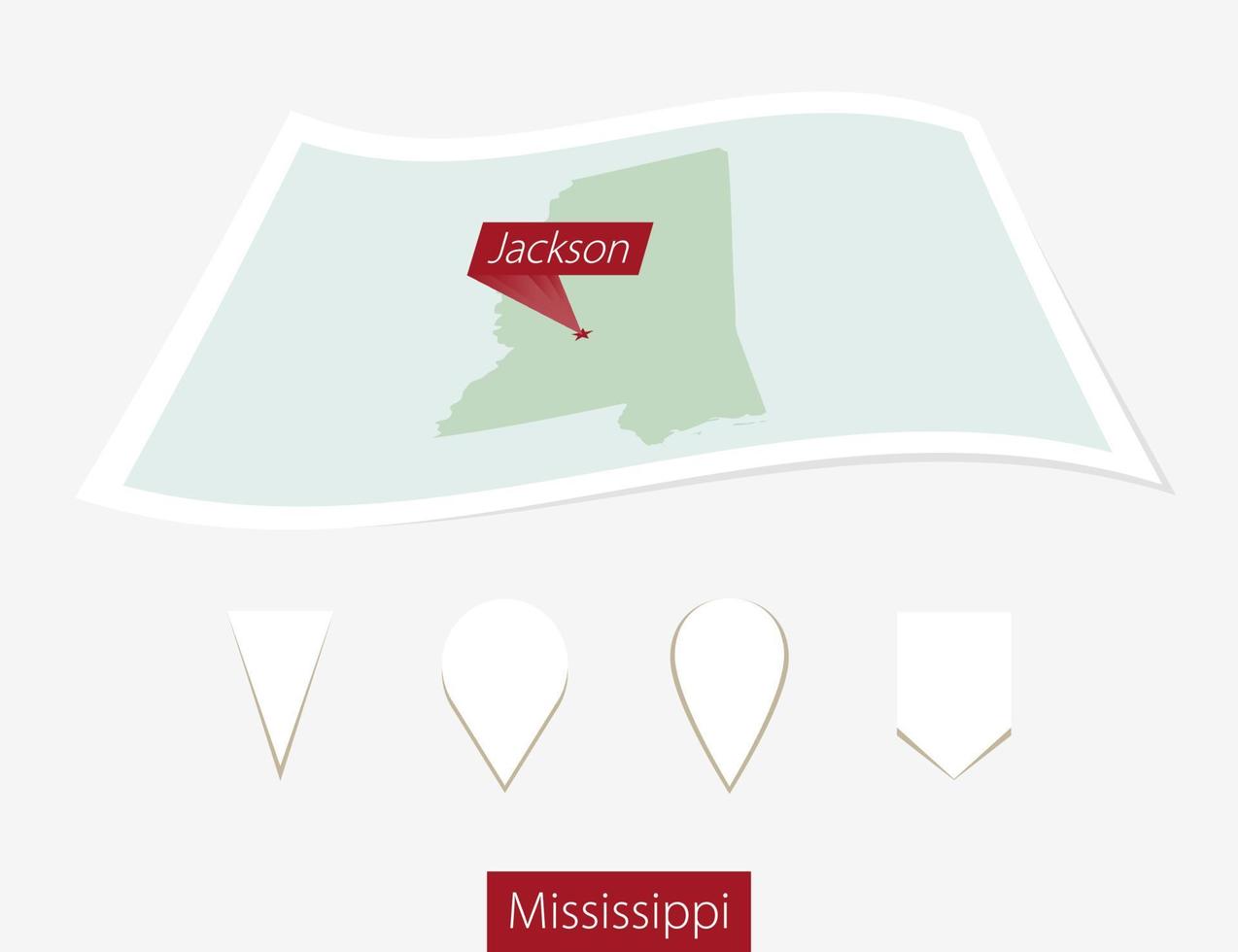 Curved paper map of Mississippi state with capital Mississippi on Gray Background. Four different Map pin set. vector