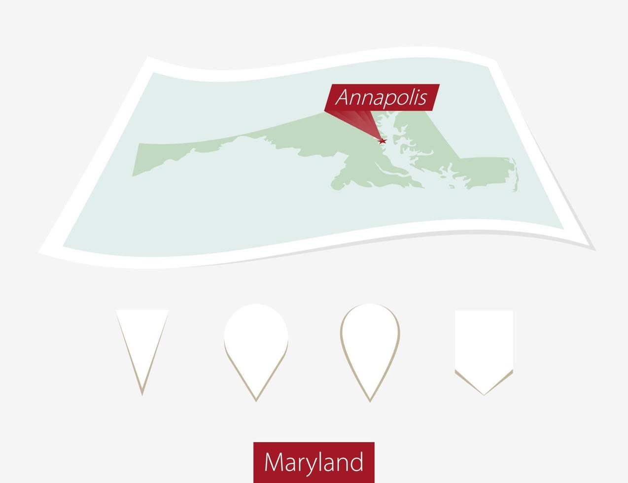 Curved paper map of Maryland state with capital Annapolis on Gray Background. Four different Map pin set. vector