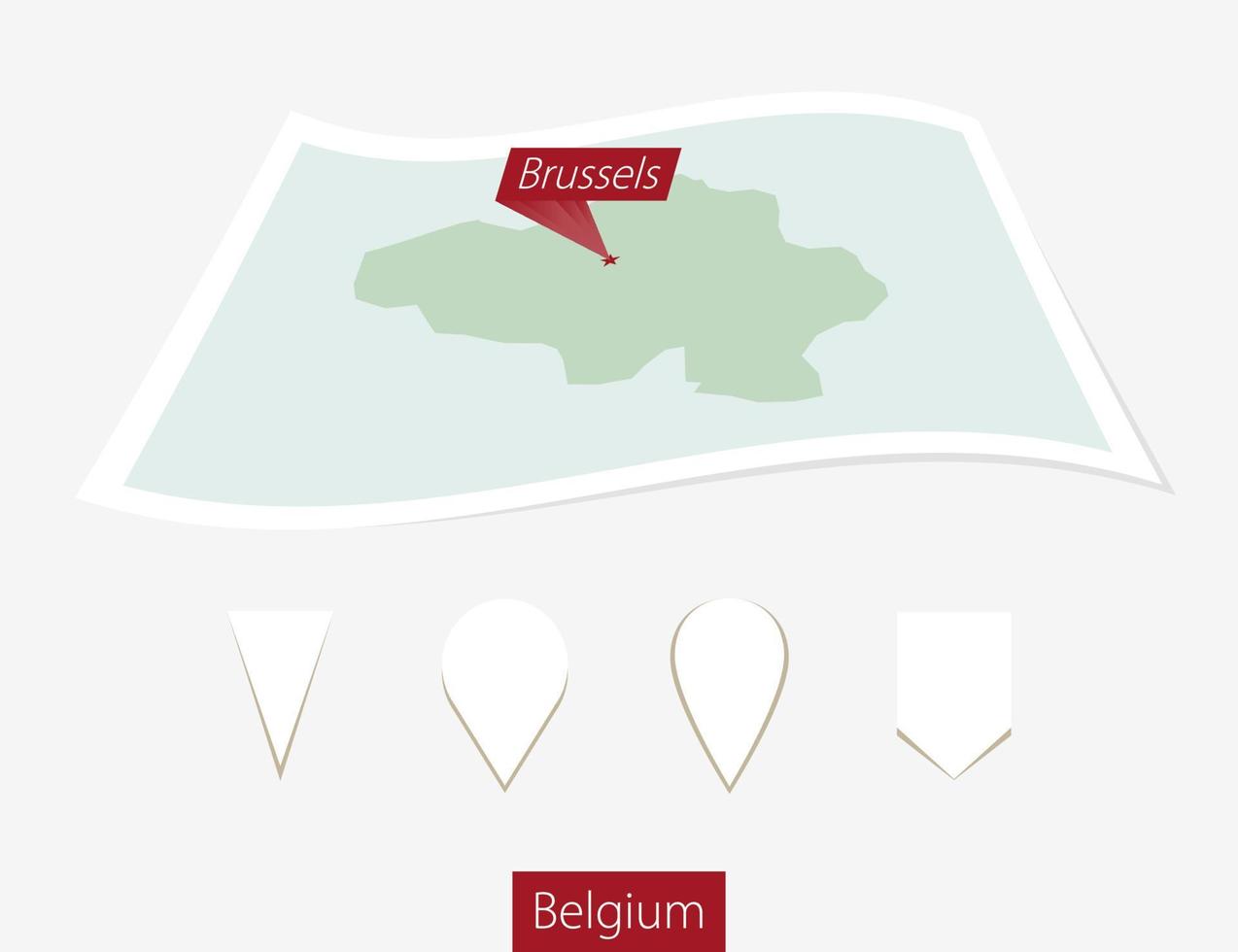 Curved paper map of Belgium with capital Brussels on Gray Background. Four different Map pin set. vector