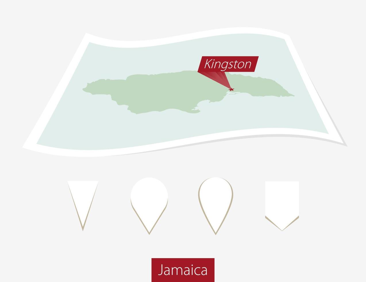 Curved paper map of Jamaica with capital Kingston on Gray Background. Four different Map pin set. vector