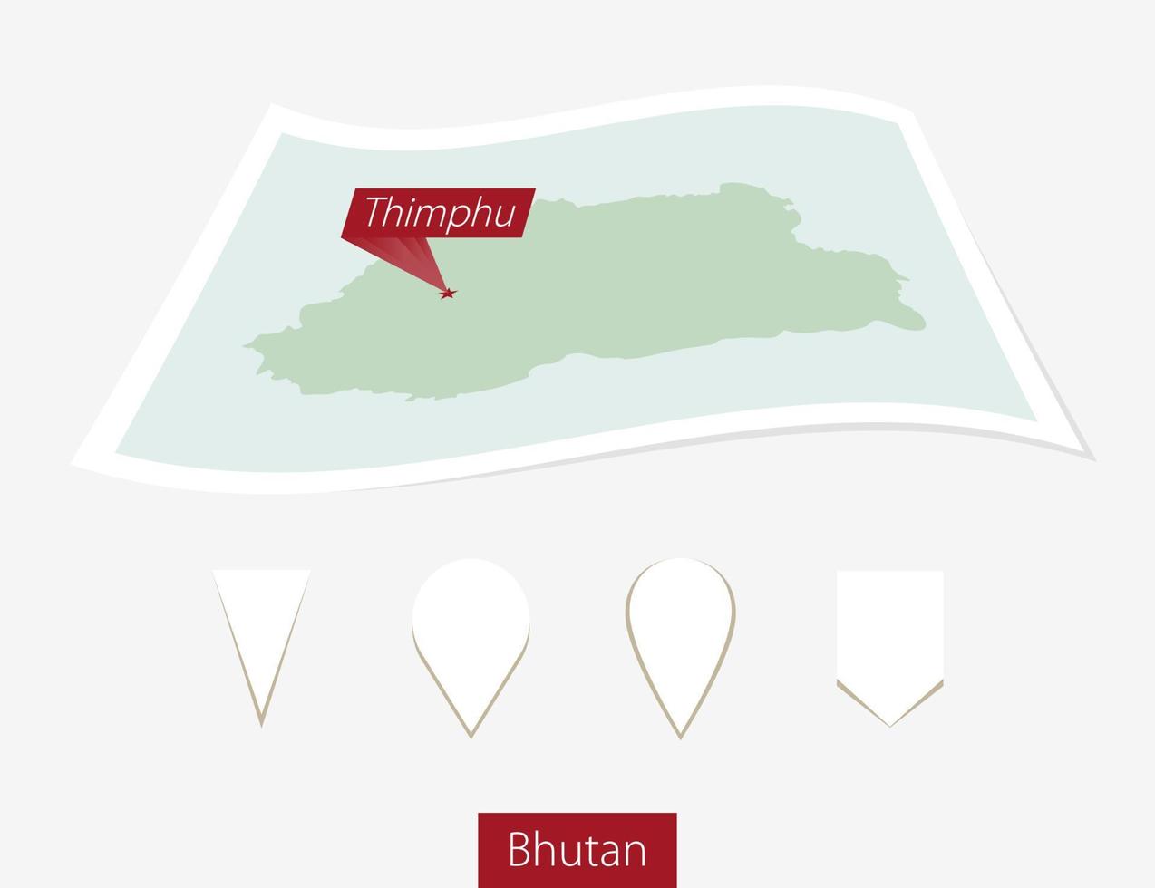 curvo papel mapa de Bután con capital timbu en gris antecedentes. cuatro diferente mapa alfiler colocar. vector