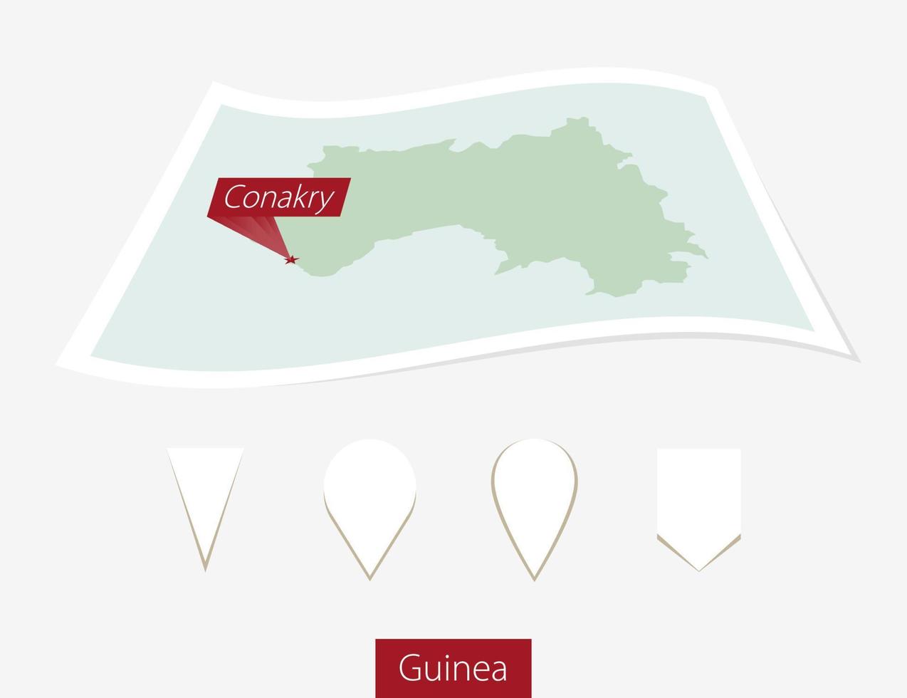 Curved paper map of Guinea with capital Conakry on Gray Background. Four different Map pin set. vector