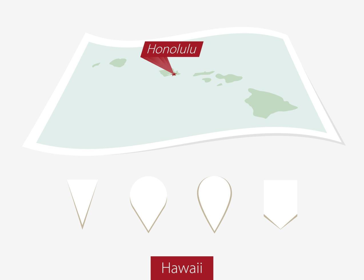 curvo papel mapa de Hawai estado con capital honolulu en gris antecedentes. cuatro diferente mapa alfiler colocar. vector