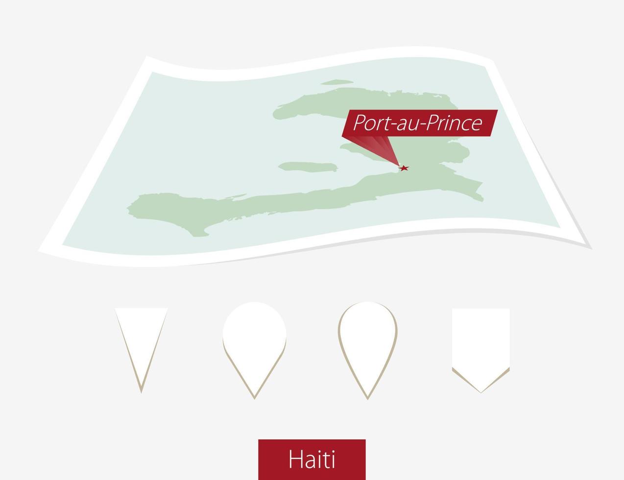 Curved paper map of Haiti with capital Port-au-Prince on Gray Background. Four different Map pin set. vector