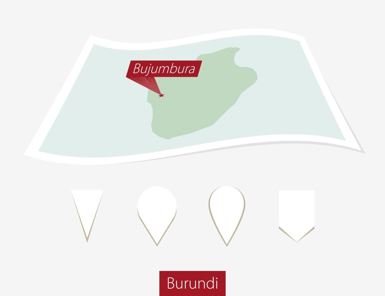 Curved paper map of Burundi with capital Bujumbura on Gray Background. Four different Map pin set. vector