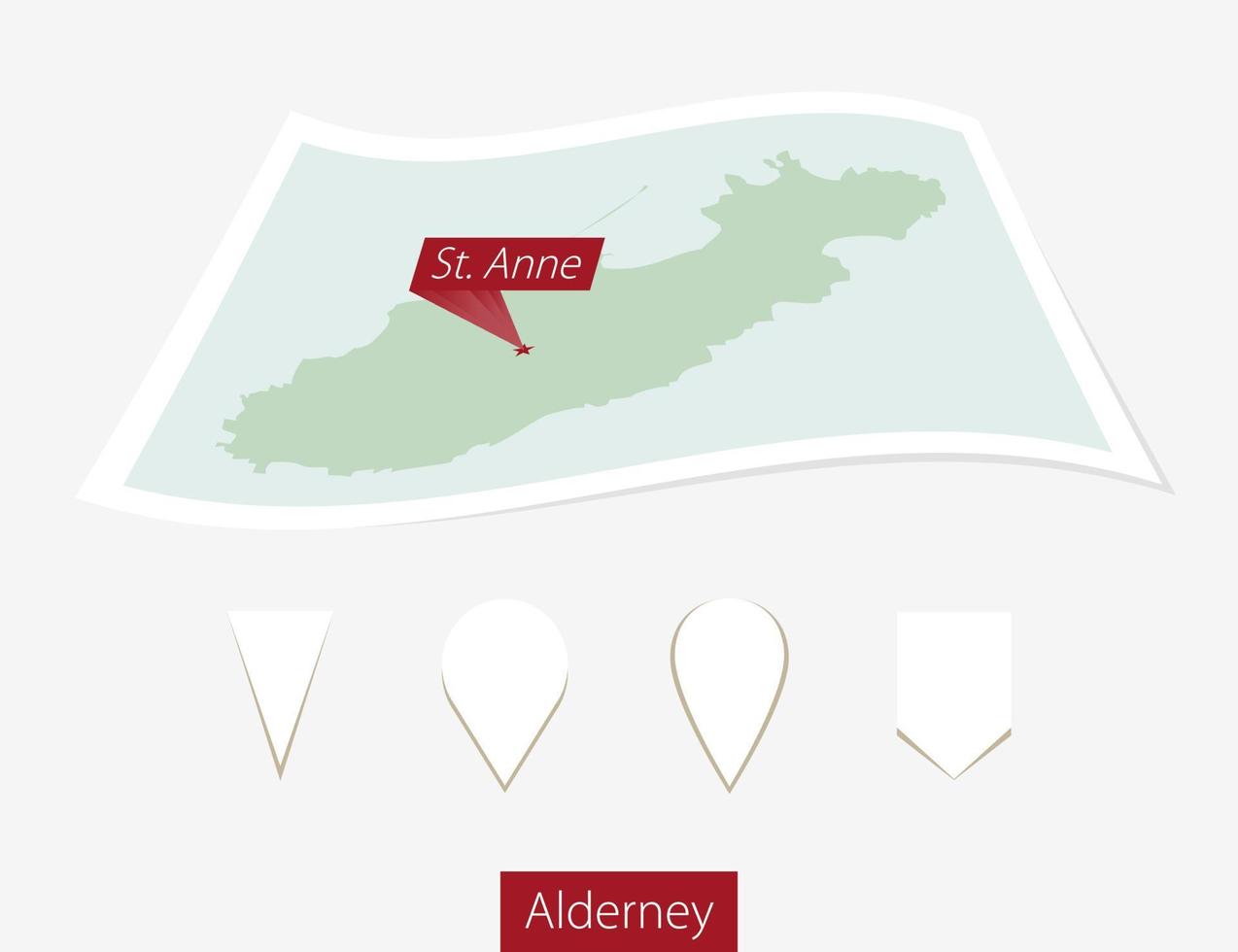 Curved paper map of Alderney with capital Saint Anne on Gray Background. Four different Map pin set. vector