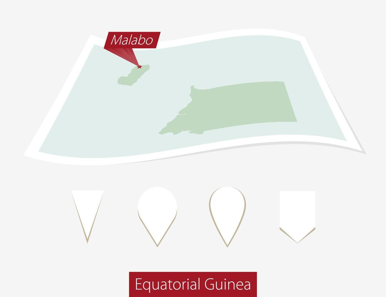 curvo papel mapa de ecuatorial Guinea con capital malabo en gris antecedentes. cuatro diferente mapa alfiler colocar. vector