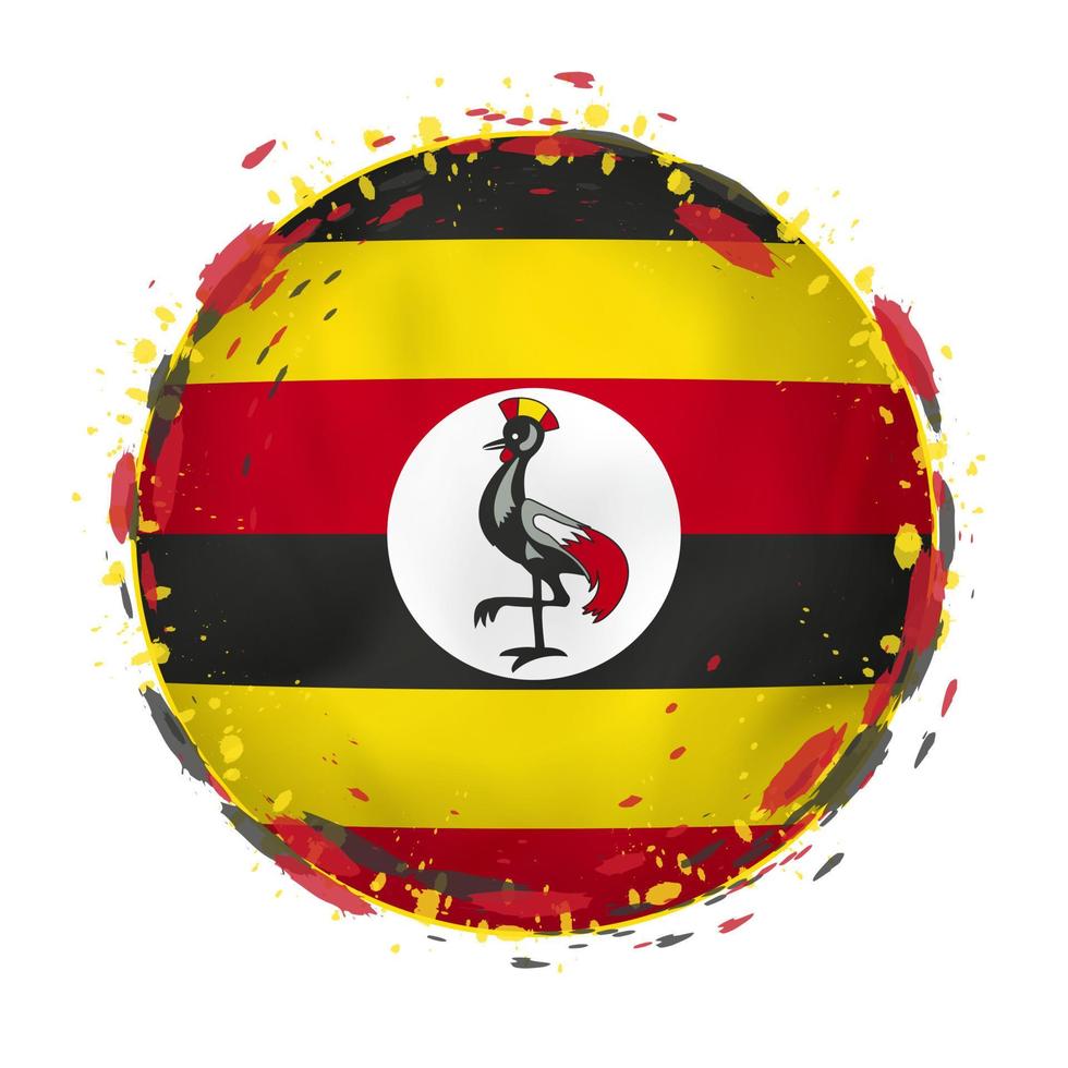 Round grunge flag of Uganda with splashes in flag color. vector