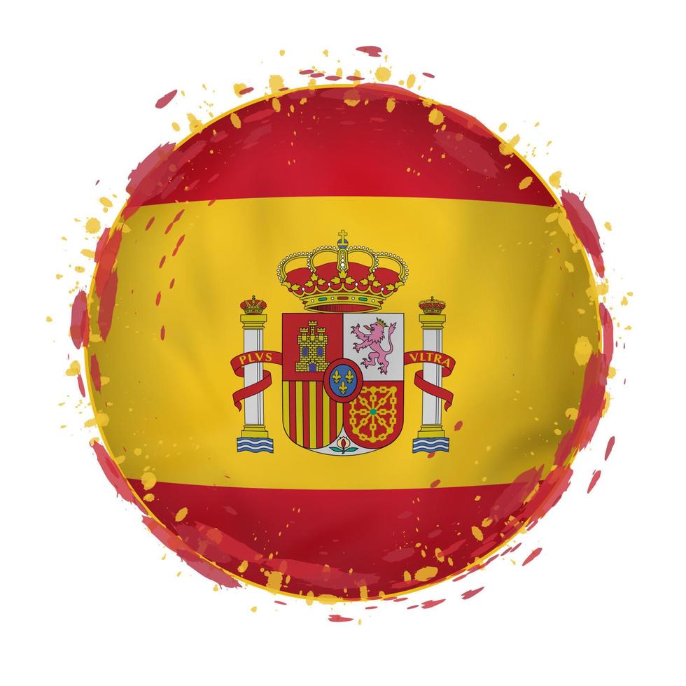 Round grunge flag of Spain with splashes in flag color. vector