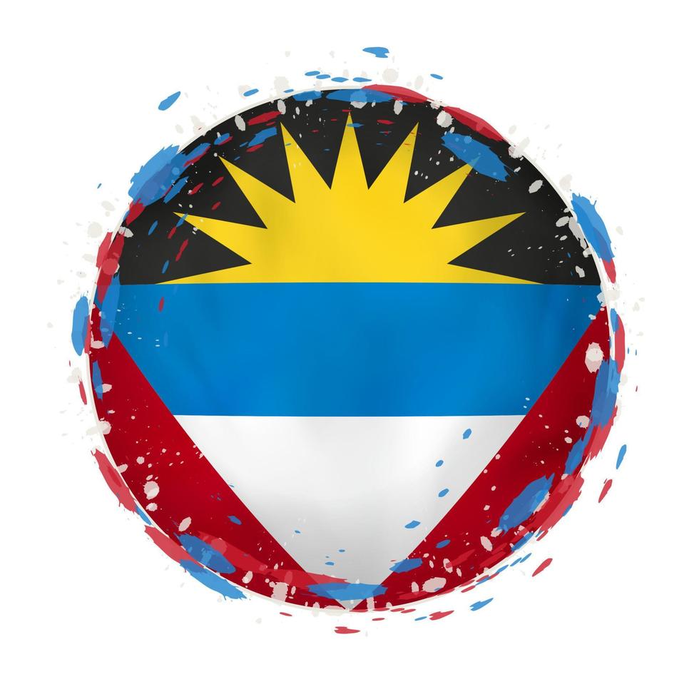 Round grunge flag of Antigua and Barbuda with splashes in flag color. vector