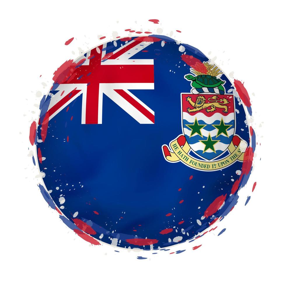 Round grunge flag of Cayman Islands with splashes in flag color. vector