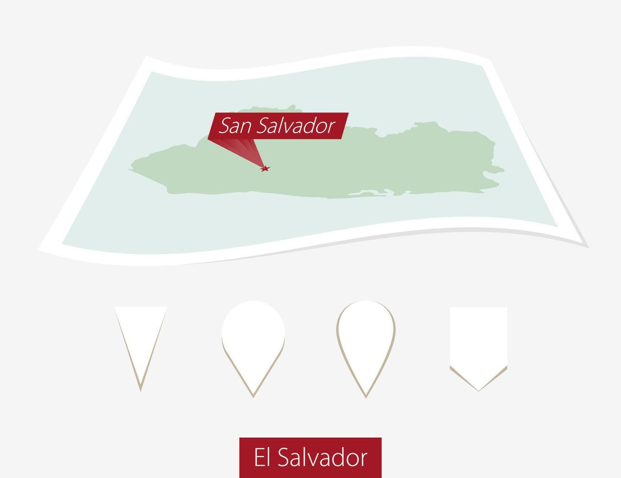 Curved paper map of El Salvador with capital San Salvador on Gray Background. Four different Map pin set. vector