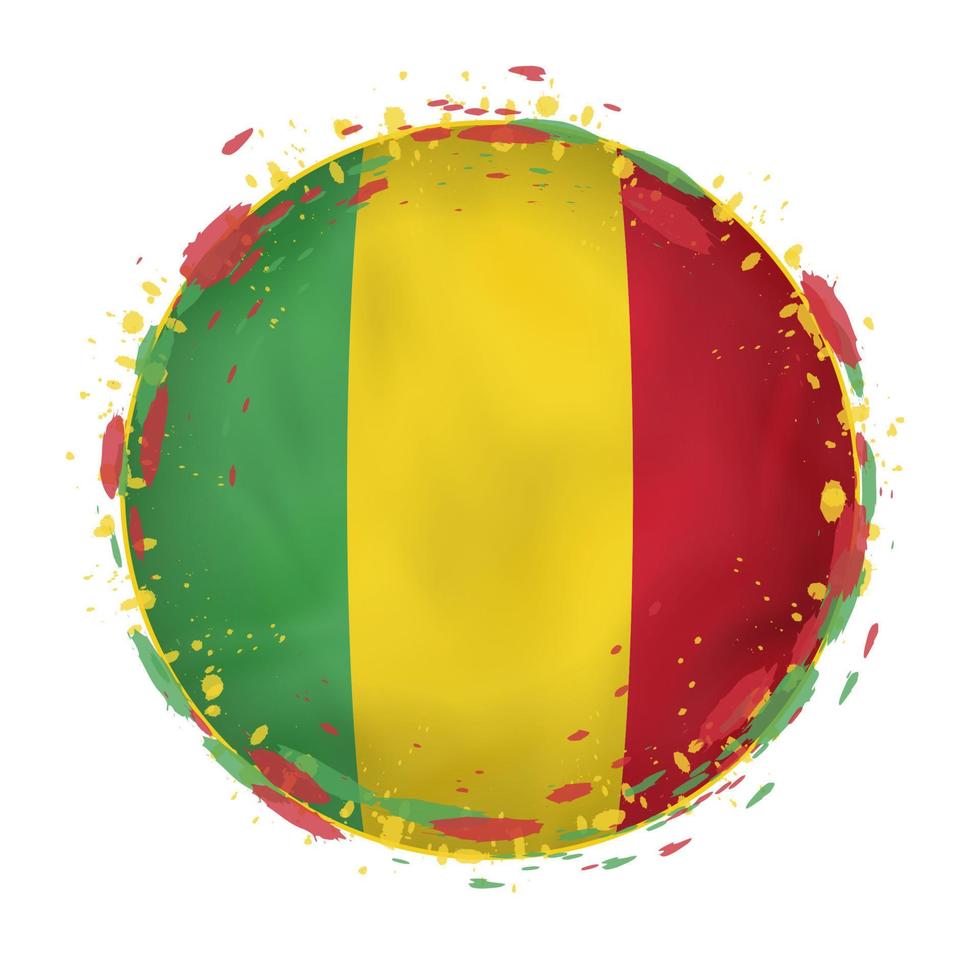 Round grunge flag of Mali with splashes in flag color. vector