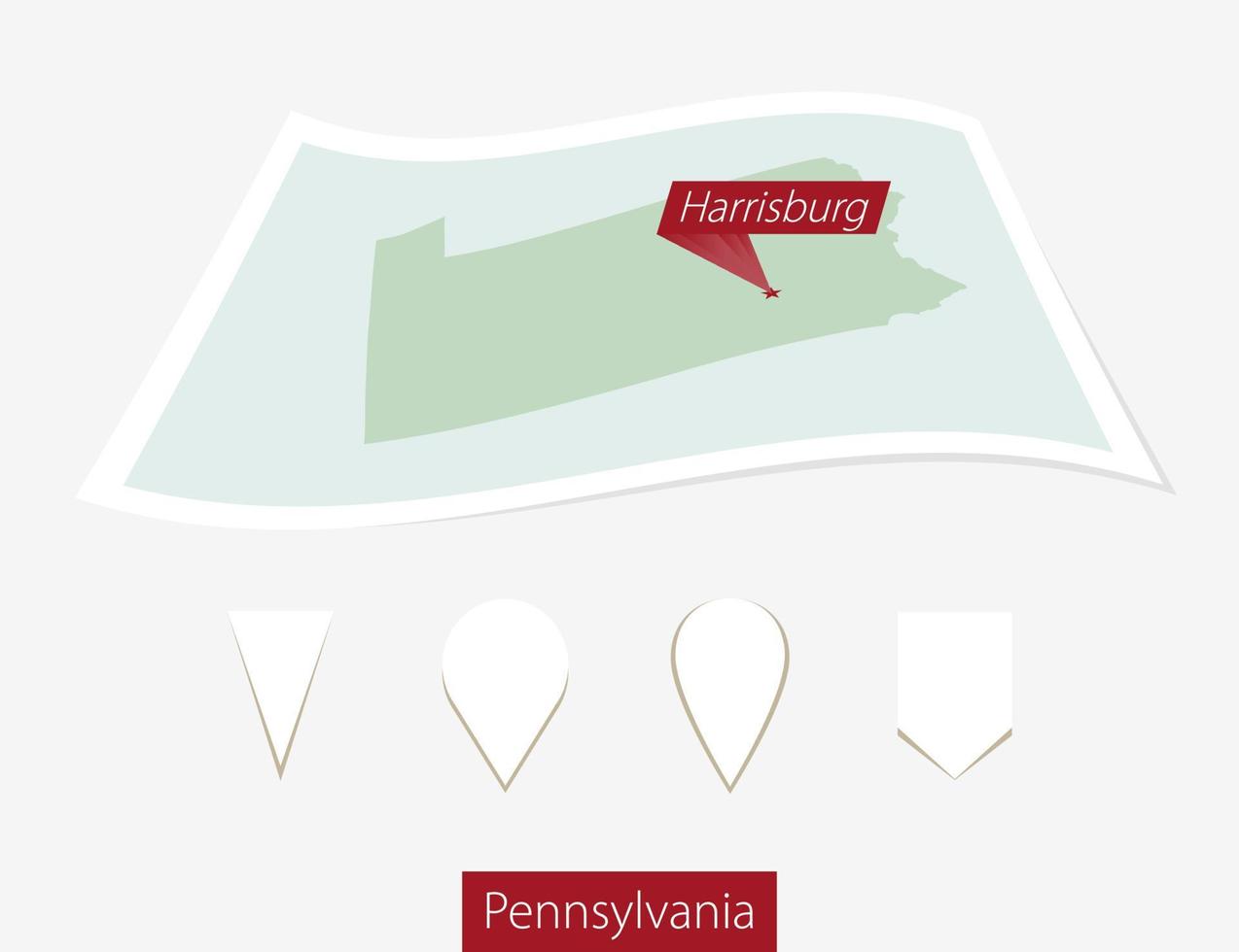 Curved paper map of Pennsylvania state with capital Harrisburg on Gray Background. Four different Map pin set. vector
