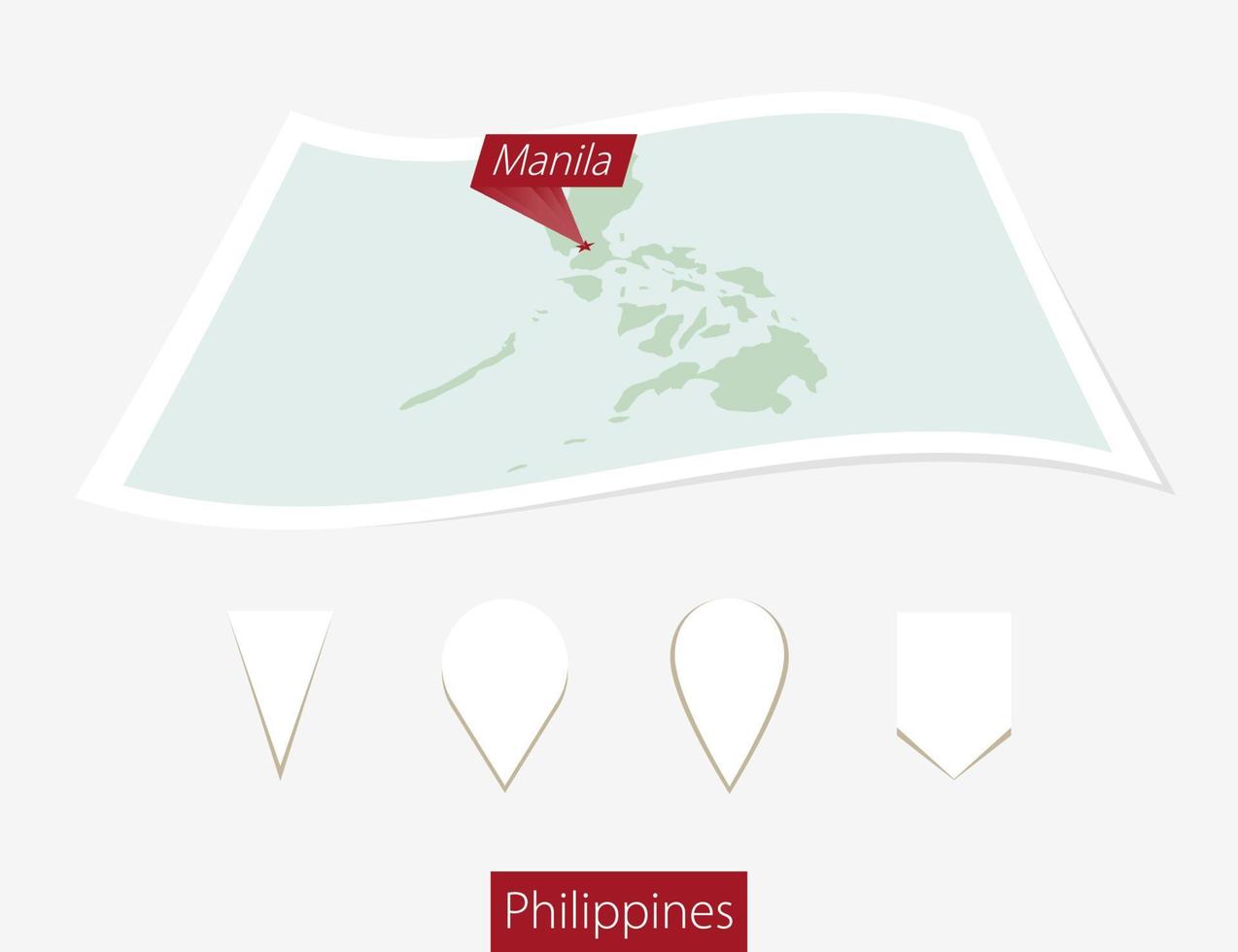 curvo papel mapa de Filipinas con capital Manila en gris antecedentes. cuatro diferente mapa alfiler colocar. vector