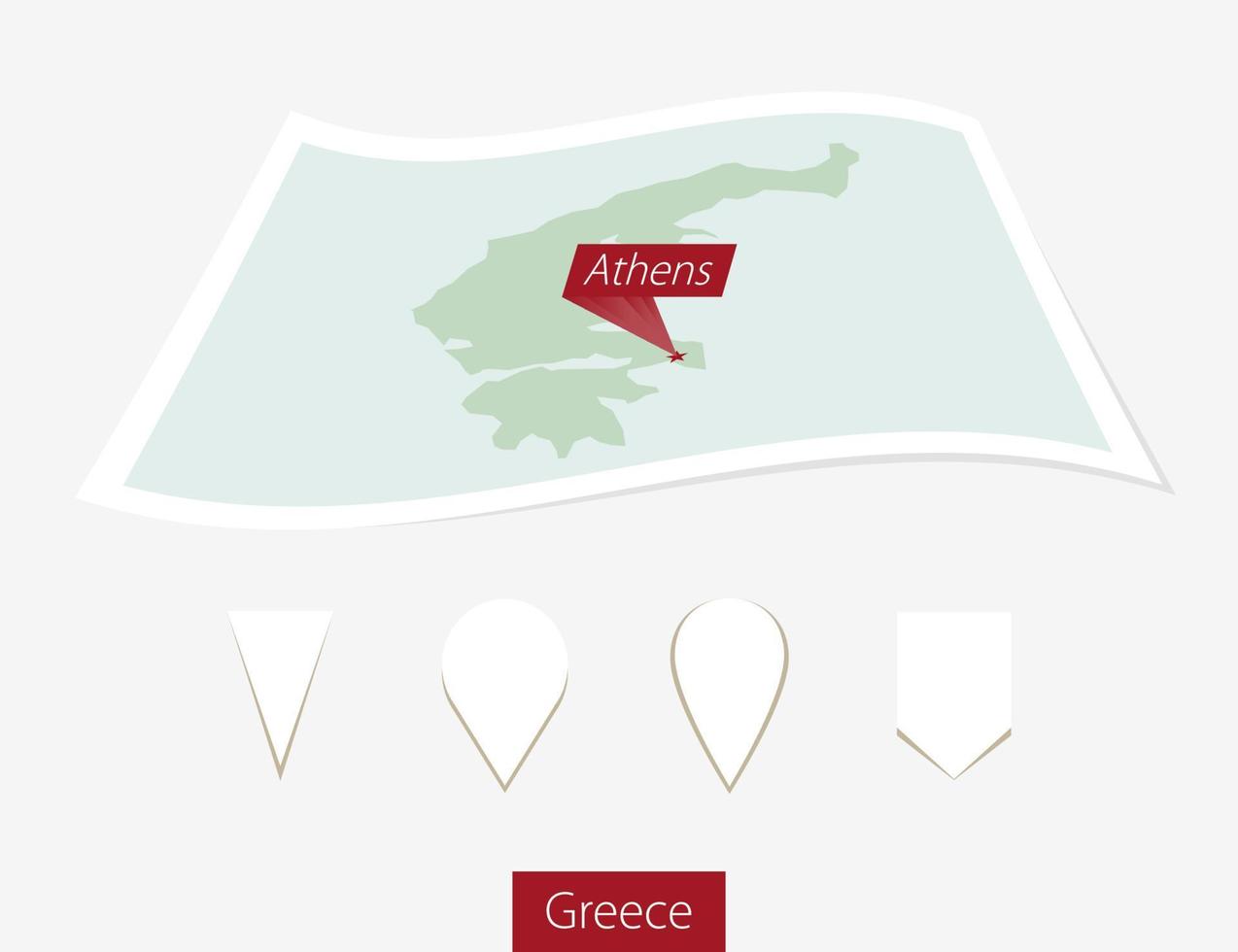 Curved paper map of Greece with capital Athens on Gray Background. Four different Map pin set. vector