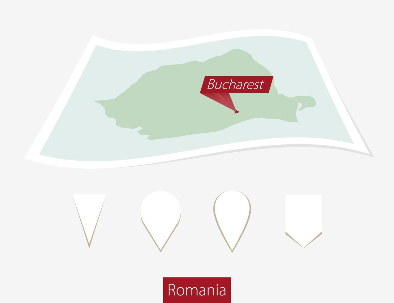 Curved paper map of Romania with capital Bucharest on Gray Background. Four different Map pin set. vector