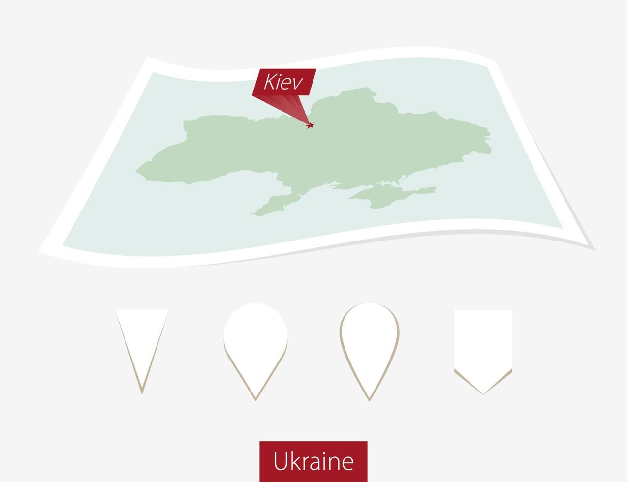 Curved paper map of Ukraine with capital Kiev on Gray Background. Four different Map pin set. vector