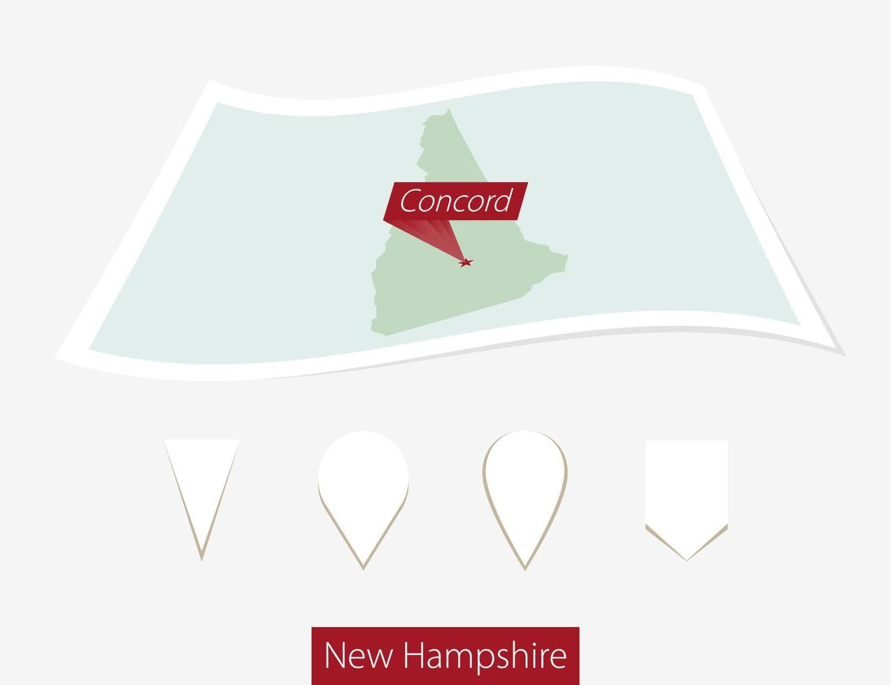 Curved paper map of New Hampshire state with capital Concord on Gray Background. Four different Map pin set. vector