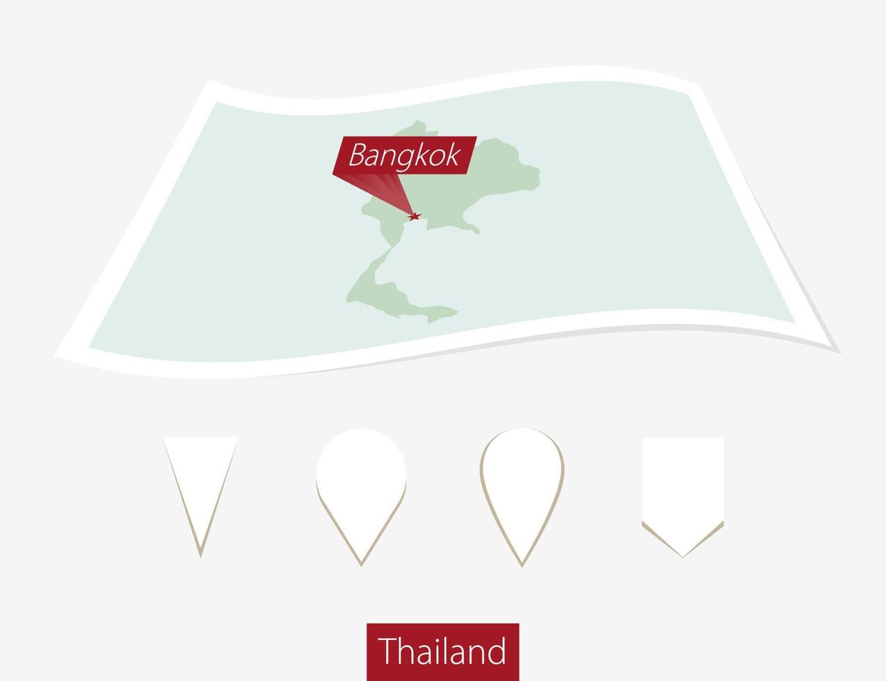 curvo papel mapa de Tailandia con capital Bangkok en gris antecedentes. cuatro diferente mapa alfiler colocar. vector