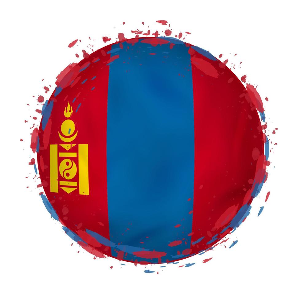 Round grunge flag of Mongolia with splashes in flag color. vector