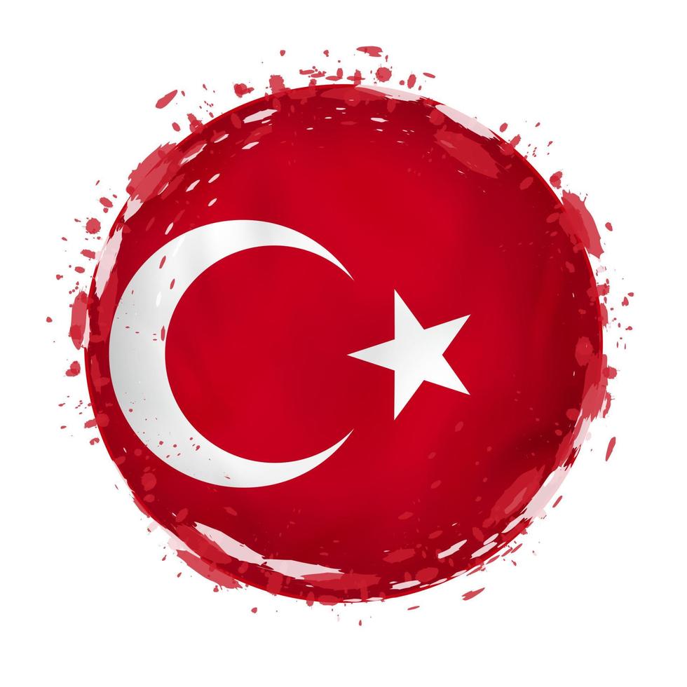 Round grunge flag of Turkey with splashes in flag color. vector