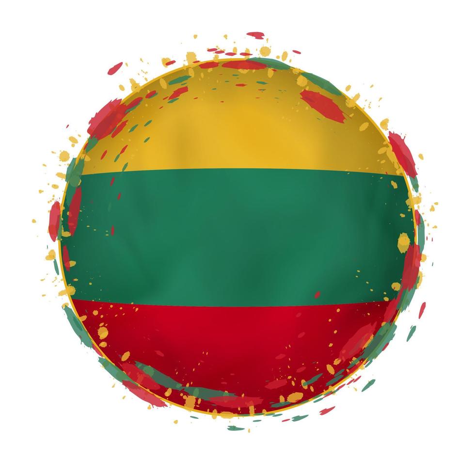 Round grunge flag of Lithuania with splashes in flag color. vector