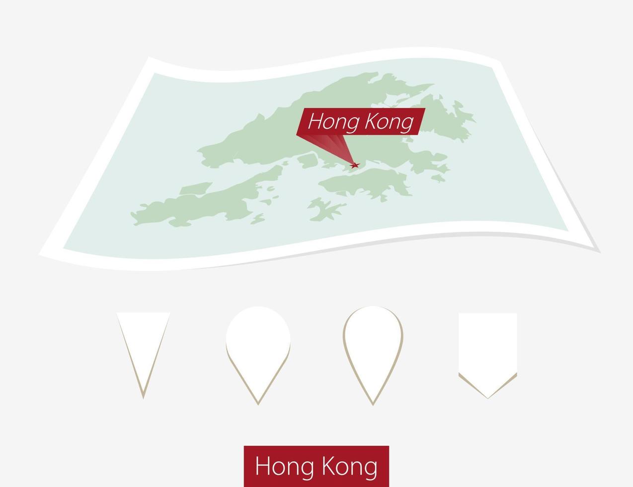 Curved paper map of Hong Kong with capital on Gray Background. Four different Map pin set. vector