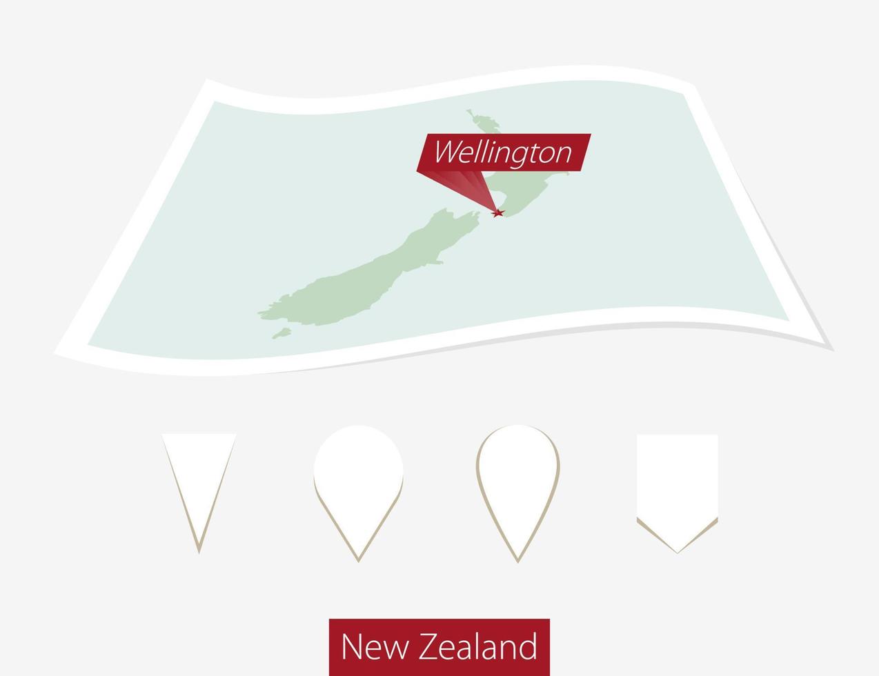 Curved paper map of New Zealand with capital Wellington on Gray Background. Four different Map pin set. vector