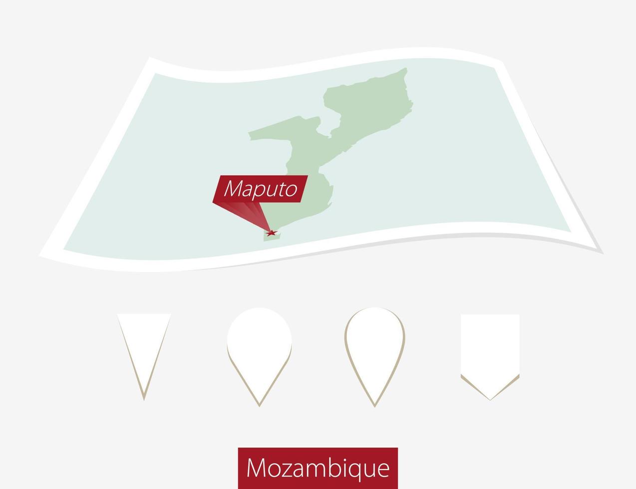 curvo papel mapa de Mozambique con capital maputo en gris antecedentes. cuatro diferente mapa alfiler colocar. vector