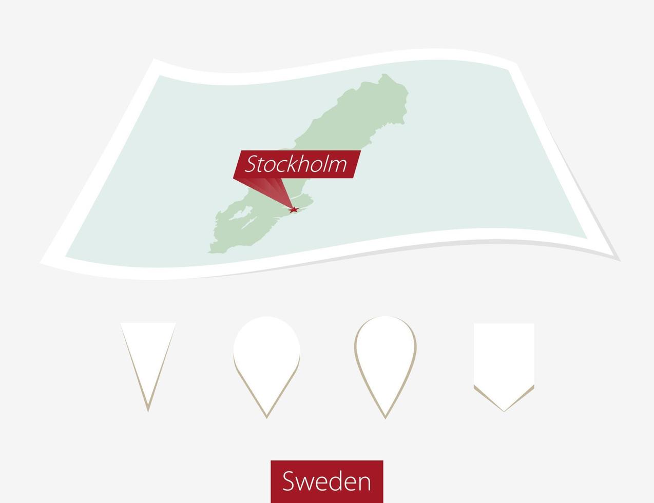 Curved paper map of Sweden with capital Stockholm on Gray Background. Four different Map pin set. vector
