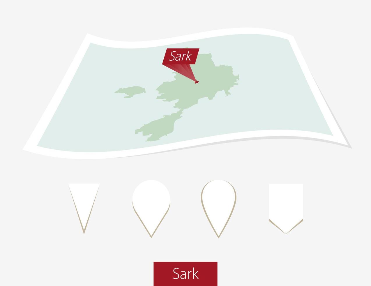 Curved paper map of Sark with capital on Gray Background. Four different Map pin set. vector