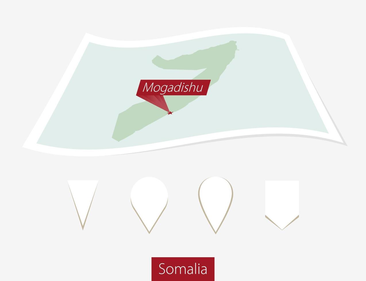 Curved paper map of Somalia with capital Mogadishu on Gray Background. Four different Map pin set. vector